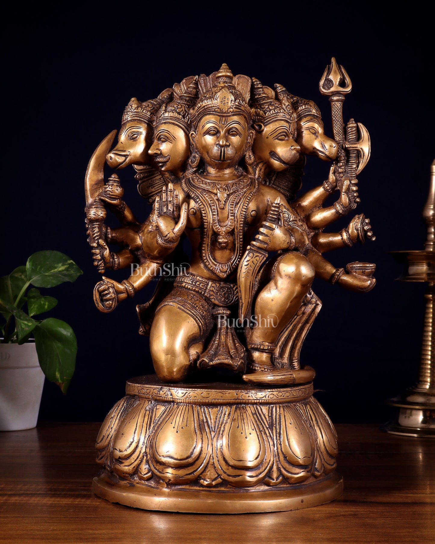Brass Panchmukhi Hanuman 13" antique tone | 100% Certified Copper & Brass - Sama Homes Idol - Brass Sculpture