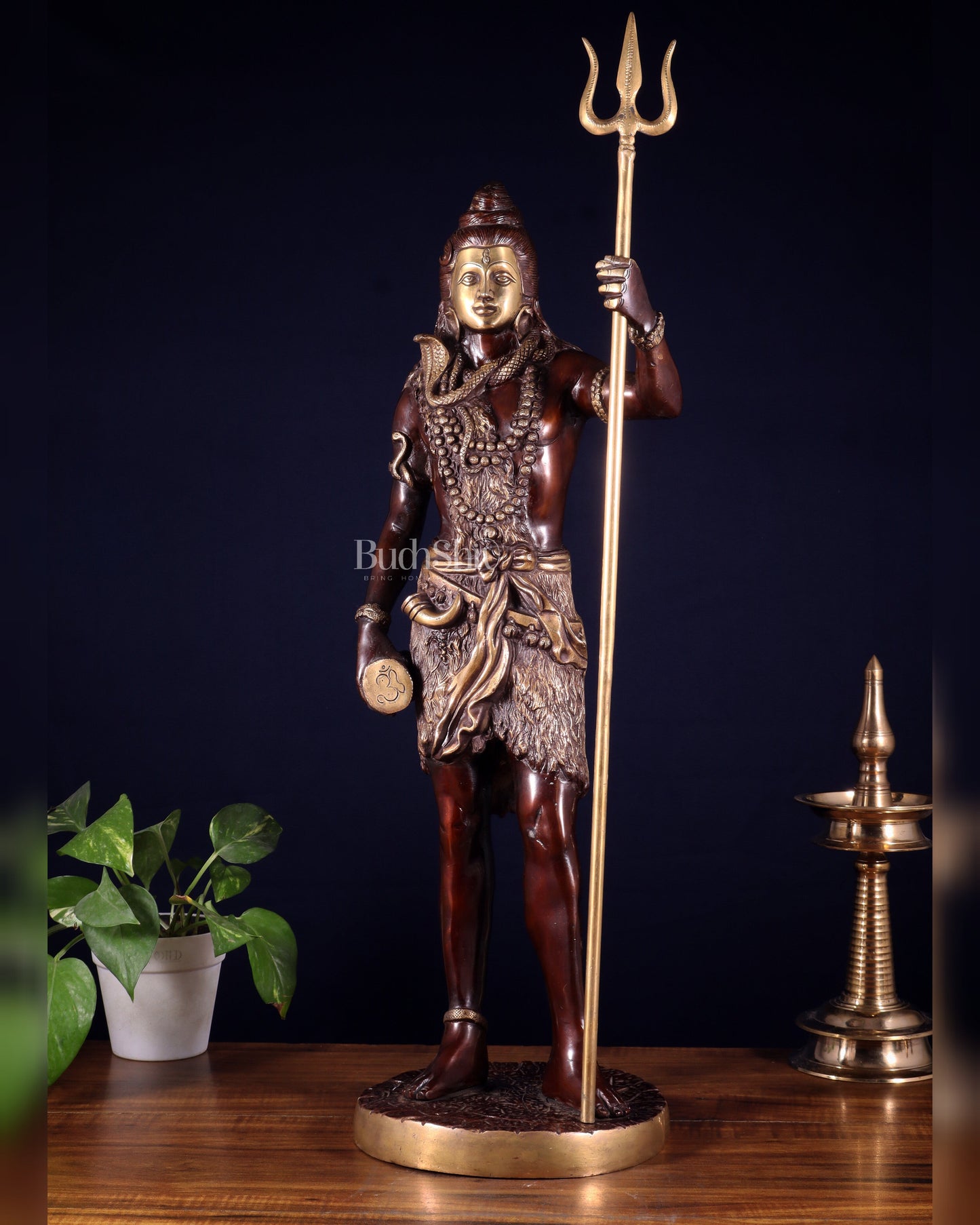 Brass Standing Shiva Statue – dual tone with Trishul & Damru | 26" | 100% Certified Copper & Brass - Sama Homes Idol - Brass Sculpture