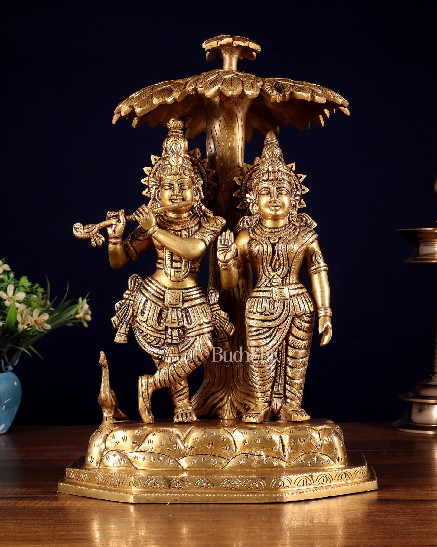 Pure Brass Radha Krishna Under Tree Idol - Height 13" - Sama Homes Idol - Brass Sculpture
