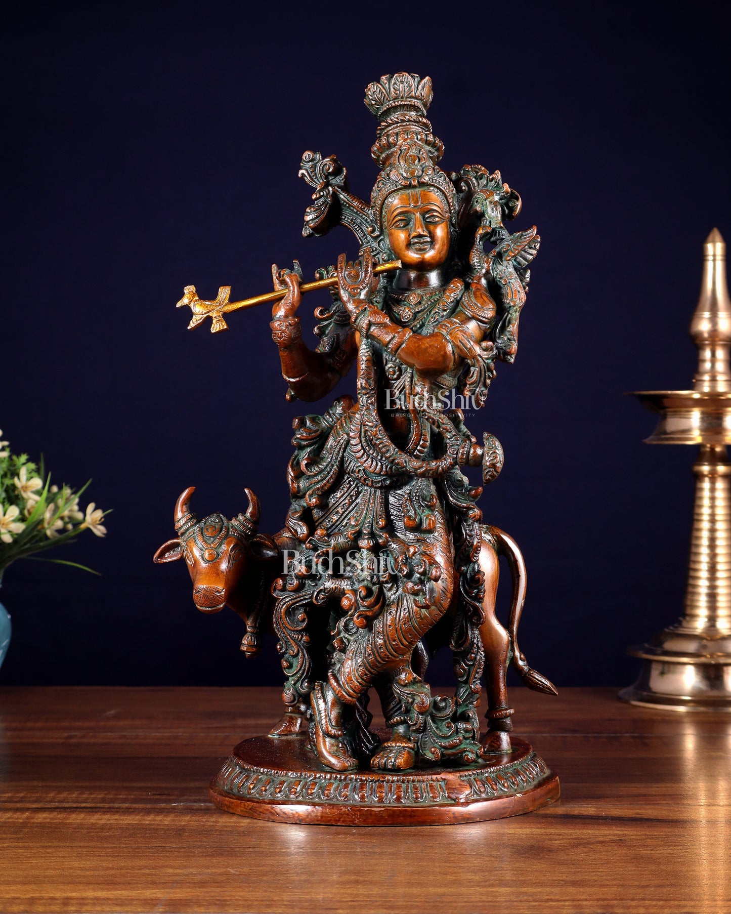 Pure Brass Lord Krishna with Cow Statue – Double Chola Tone 13 inch - Sama Homes Idol - Brass Sculpture