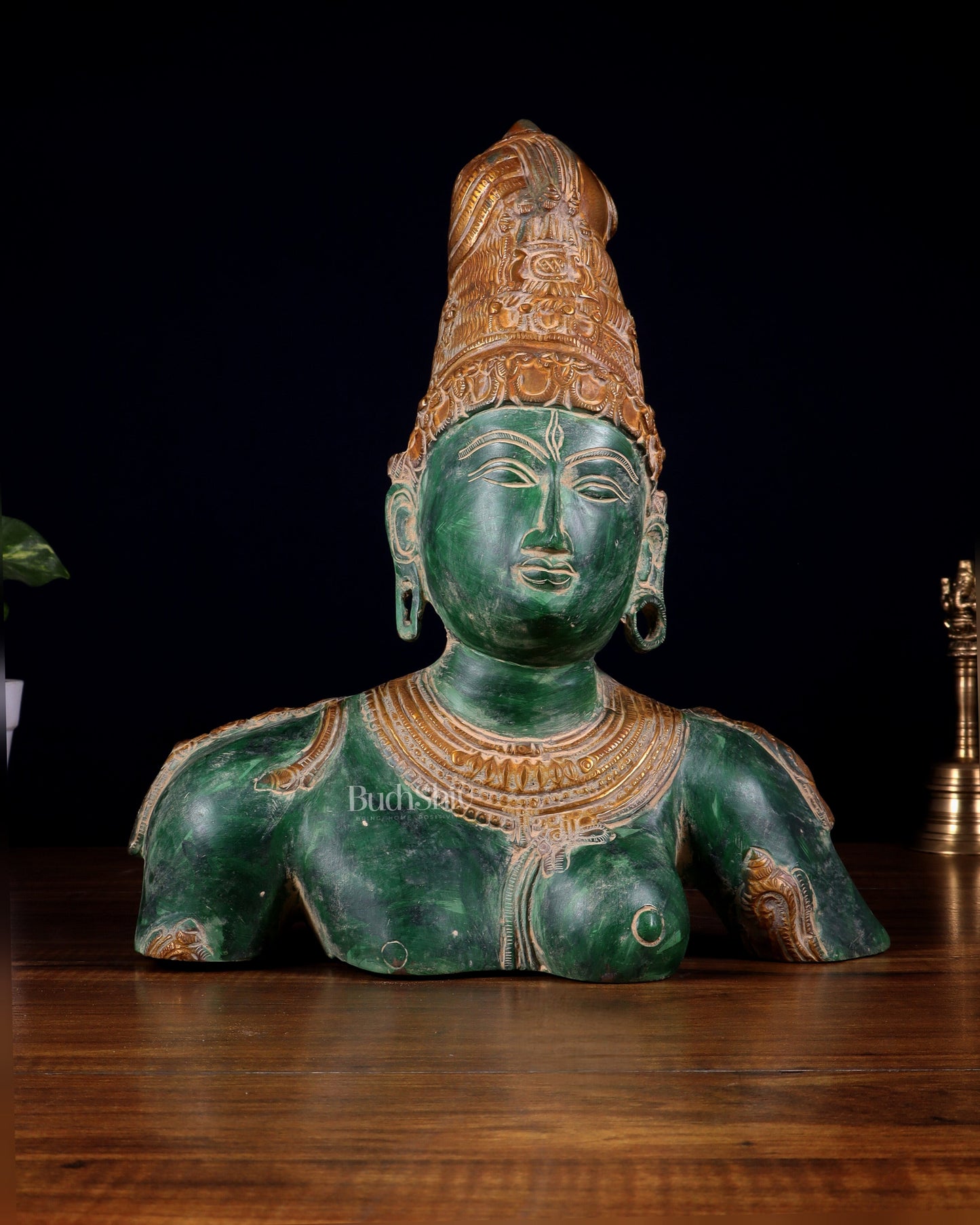 Pure Brass Shiva Parvati Ardhanarishwar Bust Sculpture – Vintage green patina 12.25 inch - Sama Homes Idol - Brass Sculpture