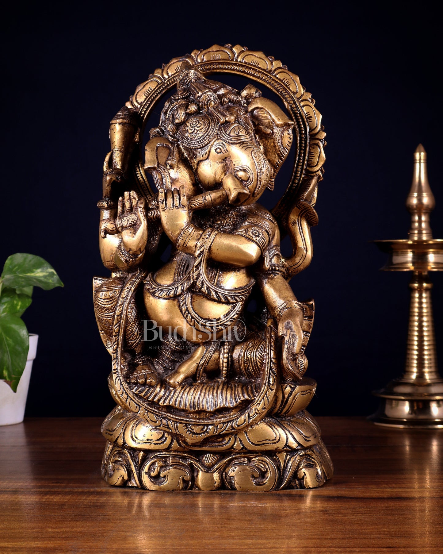 Brass Unique Ganesha Playing Flute statue | 13" Height - Sama Homes Idol - Brass Sculpture