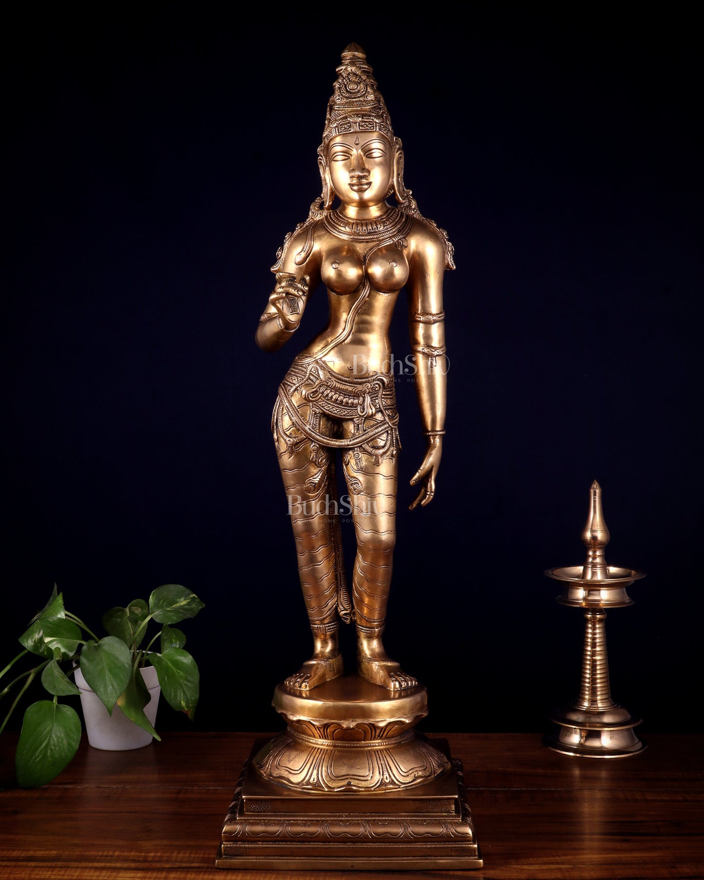Brass Bhoga Shakti Uma Parvati Standing Sculpture – 27" Height | 100% Certified Copper & Brass - Sama Homes Idol - Brass Sculpture