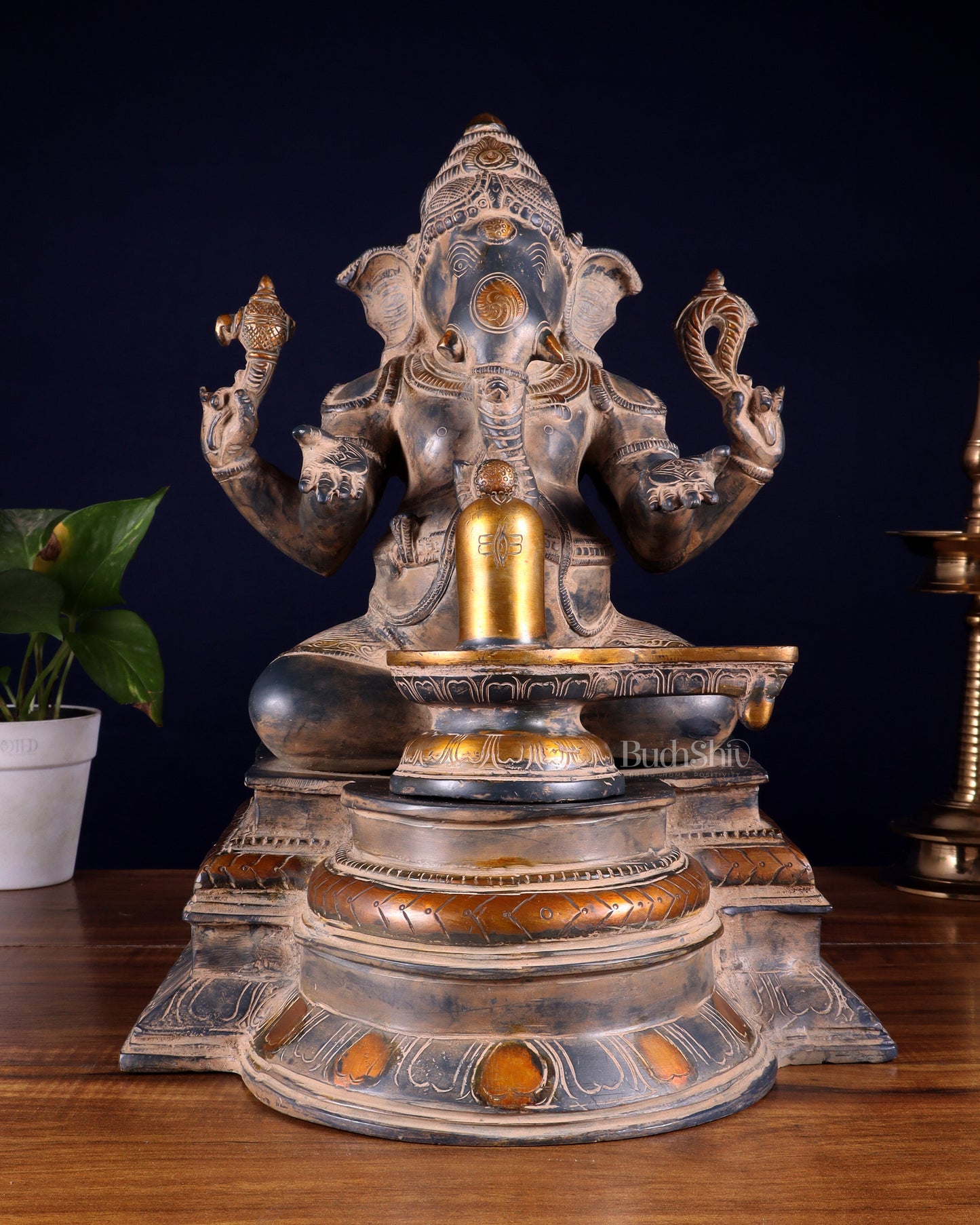 Pure Brass Ganapati with Shiv Ling Statue | Vintage Patina | 14 Inch - Sama Homes Idol - Brass Sculpture