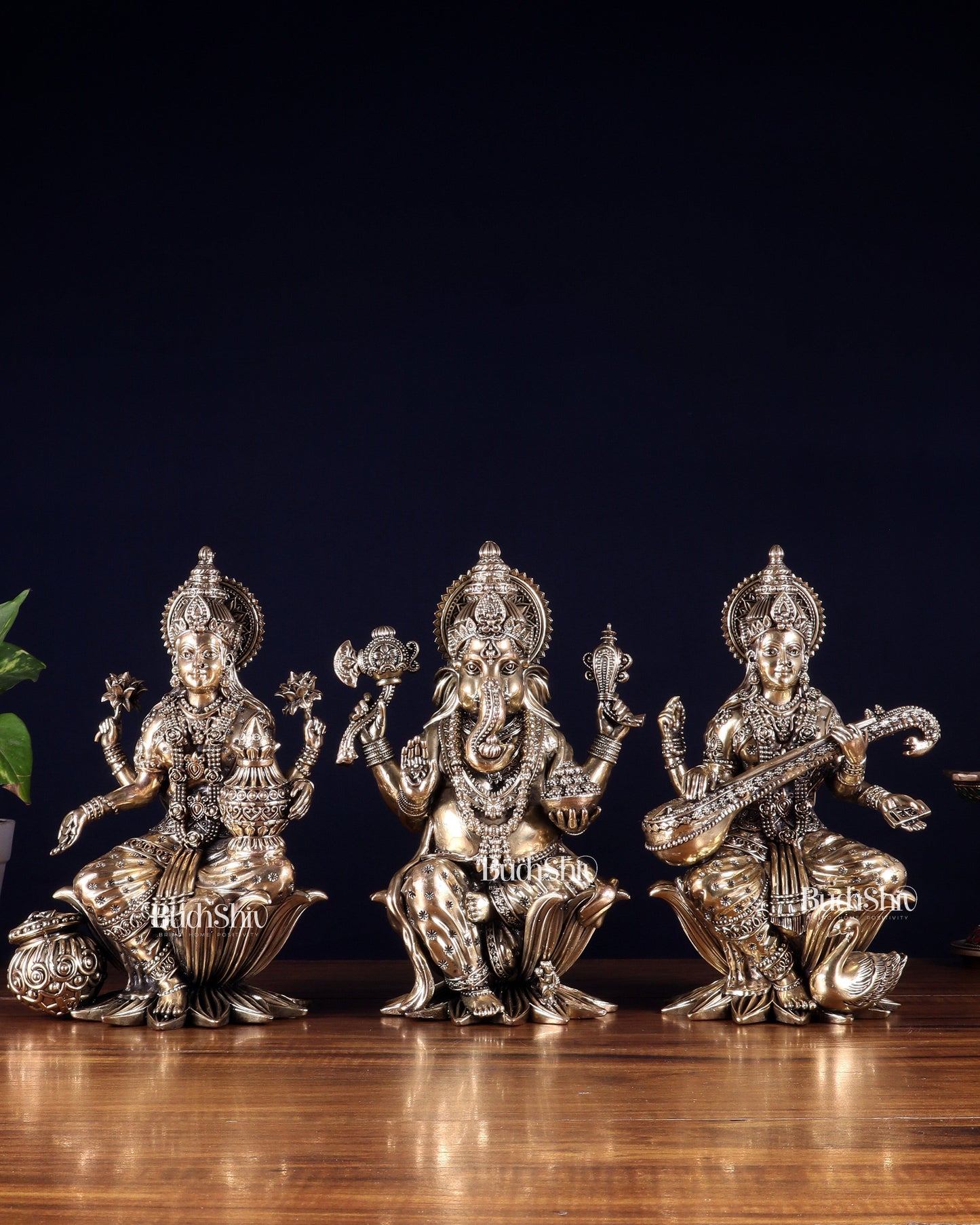 Superfine Brass Ganesh Lakshmi Saraswati Idol Set – 10 Inch - Sama Homes Idol - Brass Sculpture