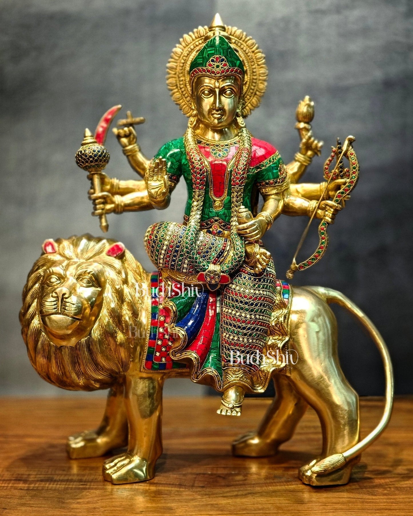Brass Handcrafted Durga Ashtabhuja Statue – 24 Inches, Meenakari Stonework | 100% Certified Copper & Brass - Sama Homes Idol - Brass Sculpture
