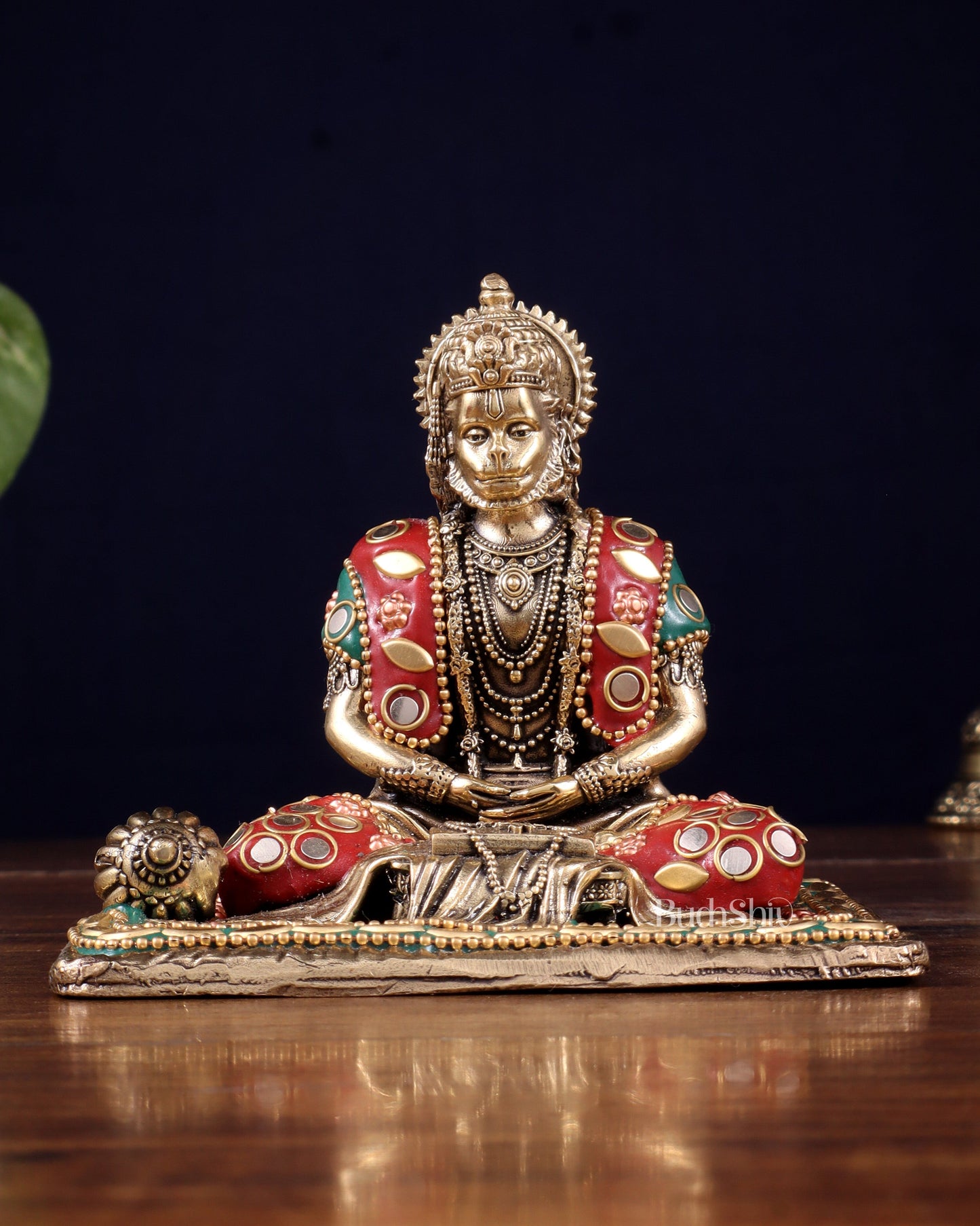 Brass Superfine Meditation Hanuman Idol - meenakari Stonework - 4" Tall - Sama Homes Idol - Brass Sculpture