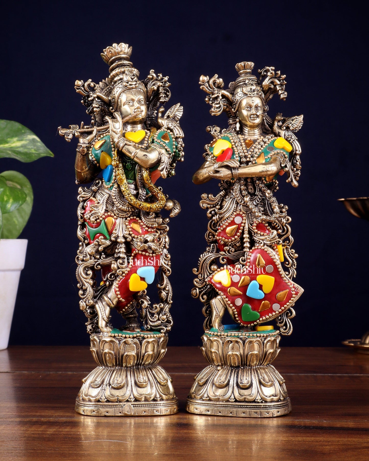 Brass Superfine Radha Krishna Idols 8" meenakari Stonework - Sama Homes Idol - Brass Sculpture
