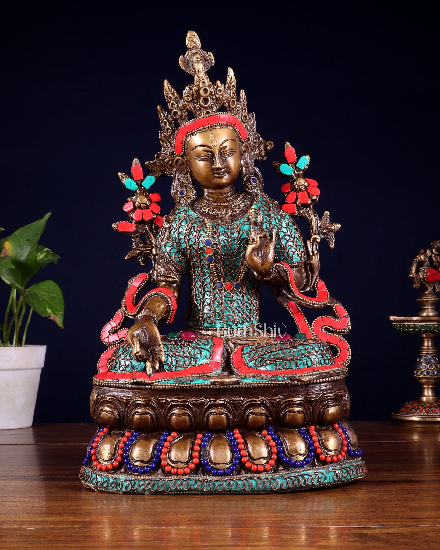 Vintage Brass white Tara Statue with copper wire work meenakari| 14 inches Height - Sama Homes Idol - Brass Sculpture