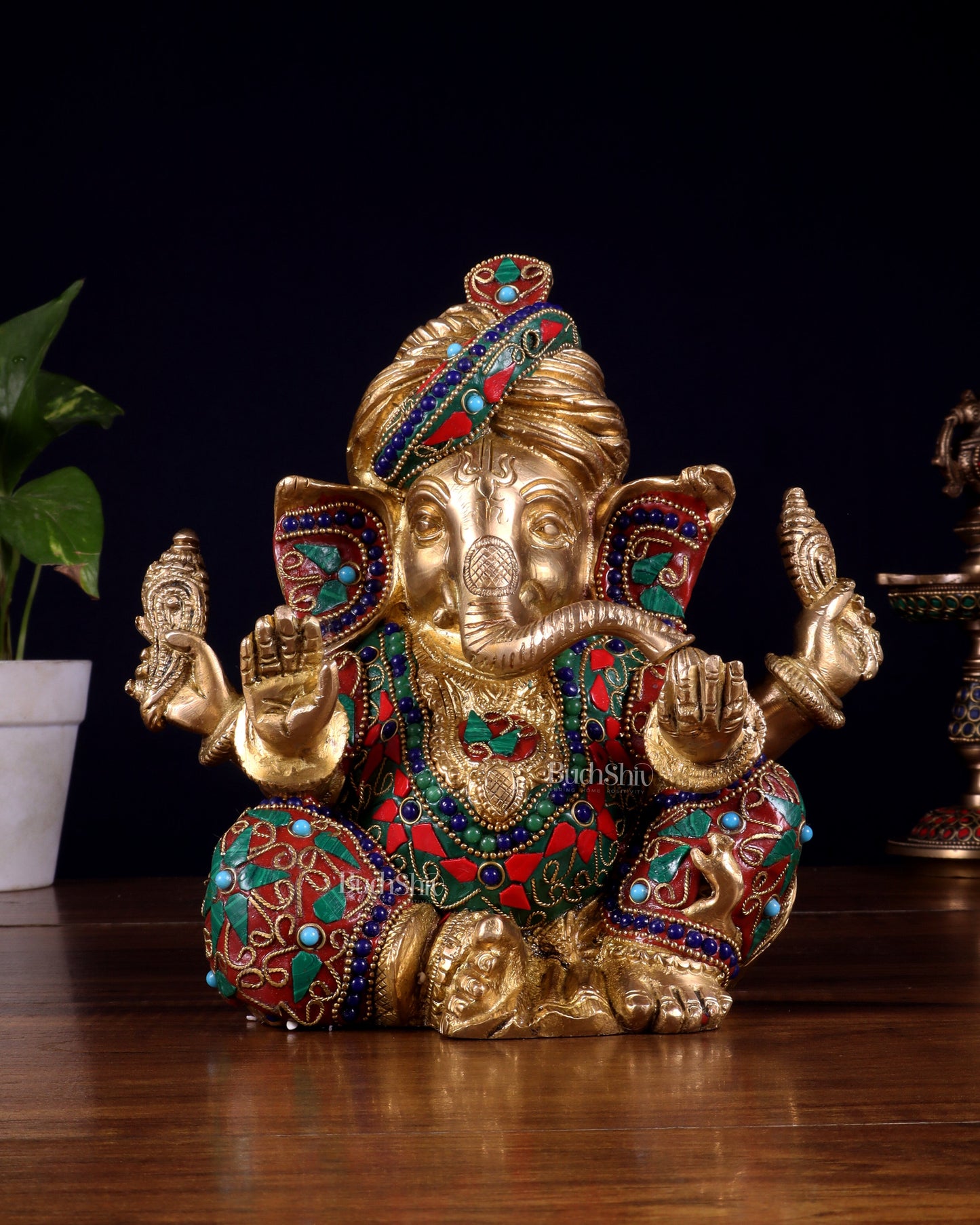 Brass Ganesha statue multicolour 7.5 inch Pagdi ganesh | 100% Certified Copper & Brass - Sama Homes Idol - Brass Sculpture