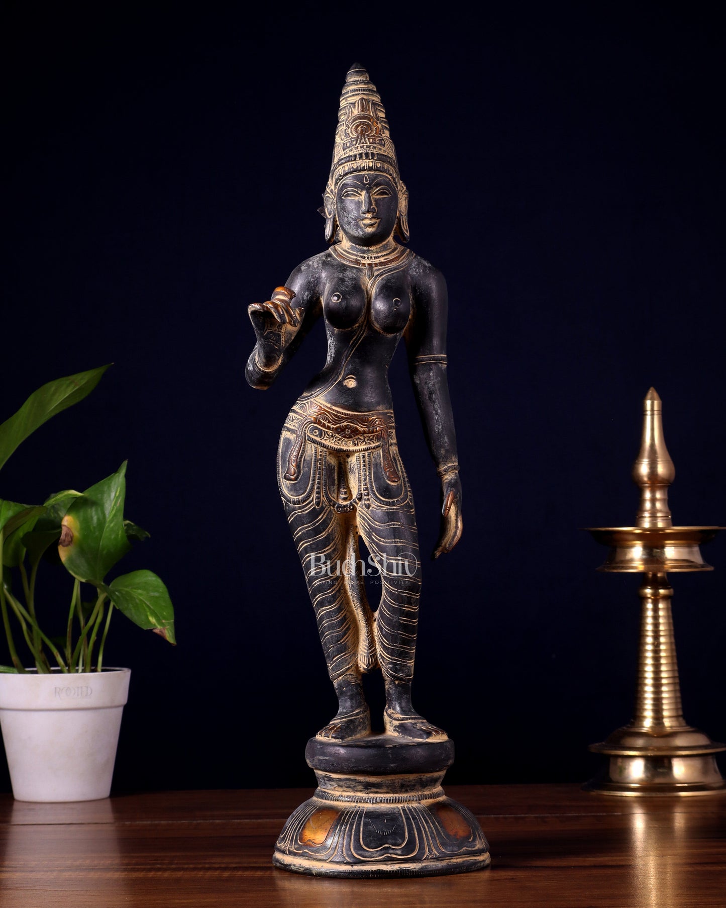 Pure Brass Bhoga Shakti Standing Uma Parvati Idol 18 inch antique patina - Sama Homes Idol - Brass Sculpture