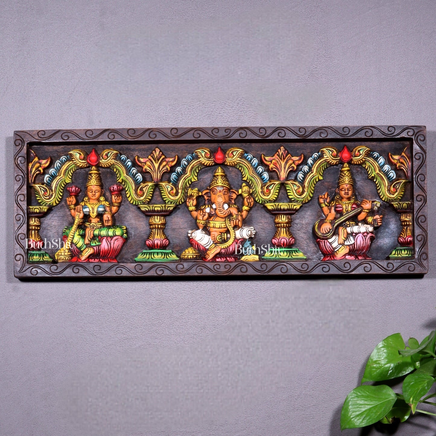 Hand-Painted Wooden Ganesha Lakshmi Saraswati Horizontal Wall Hanging – 24 Inch - Sama Homes Idol - Brass Sculpture