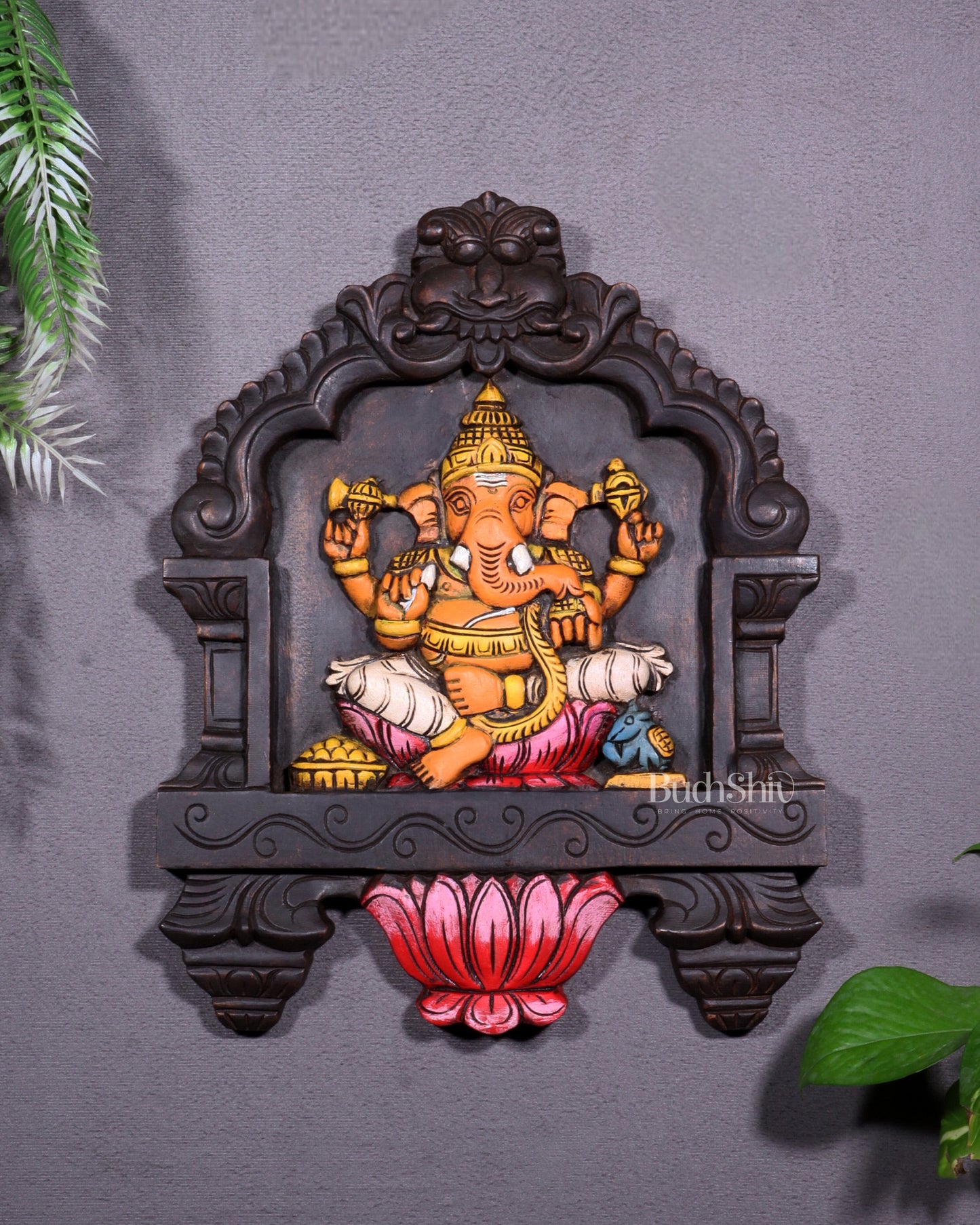 Hand-Painted Wooden Ganesha Wall Hanging with Lotus – 15 Inch - Sama Homes Idol - Brass Sculpture