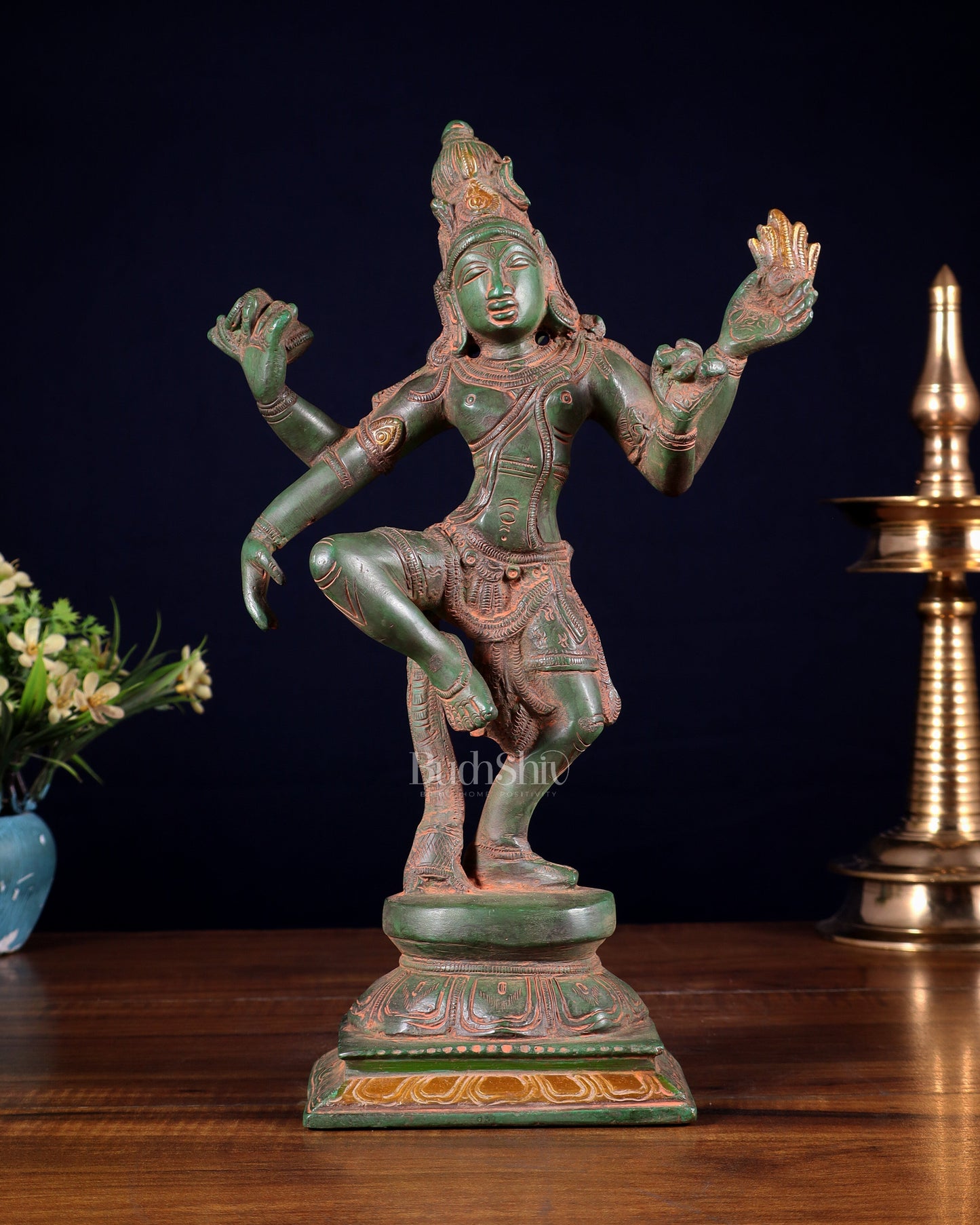 Pure Brass Dancing Shiva Statue – Green Patina & Sand Finish 11.5 inch - Sama Homes Idol - Brass Sculpture
