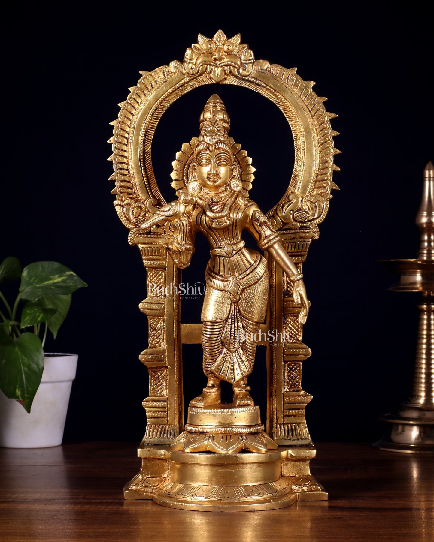 Brass Goddess Meenakshi Amman Idol with Prabhavali Frame 14 inch | 100% Certified Copper & Brass - Sama Homes Idol - Brass Sculpture