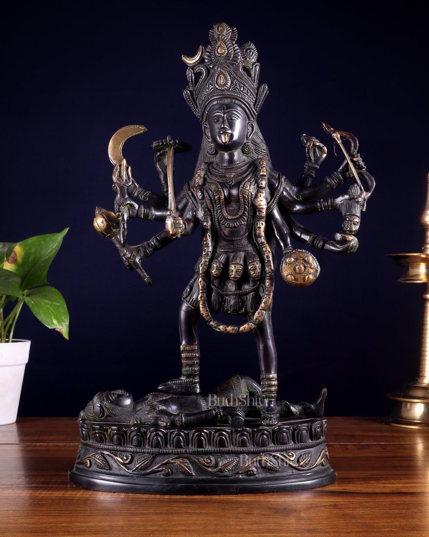 Pure Brass Vintage Goddess Kali Dashbhuja Idol | 14 inch" black edition - Sama Homes Idol - Brass Sculpture