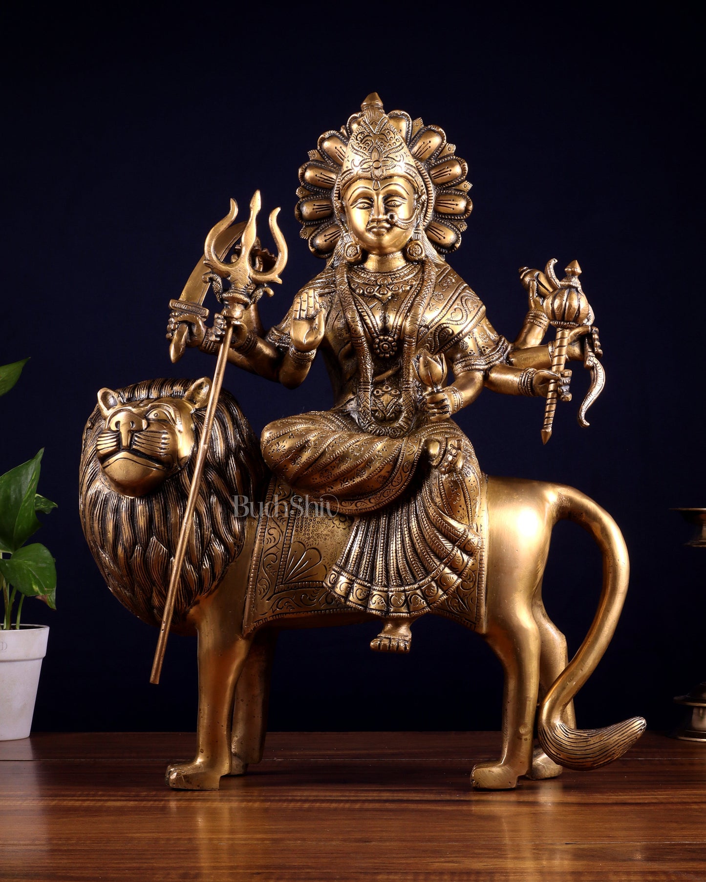 Pure Brass Large Goddess Durga Statue (Sherawali Mata) 18.5" - Sama Homes Idol - Brass Sculpture
