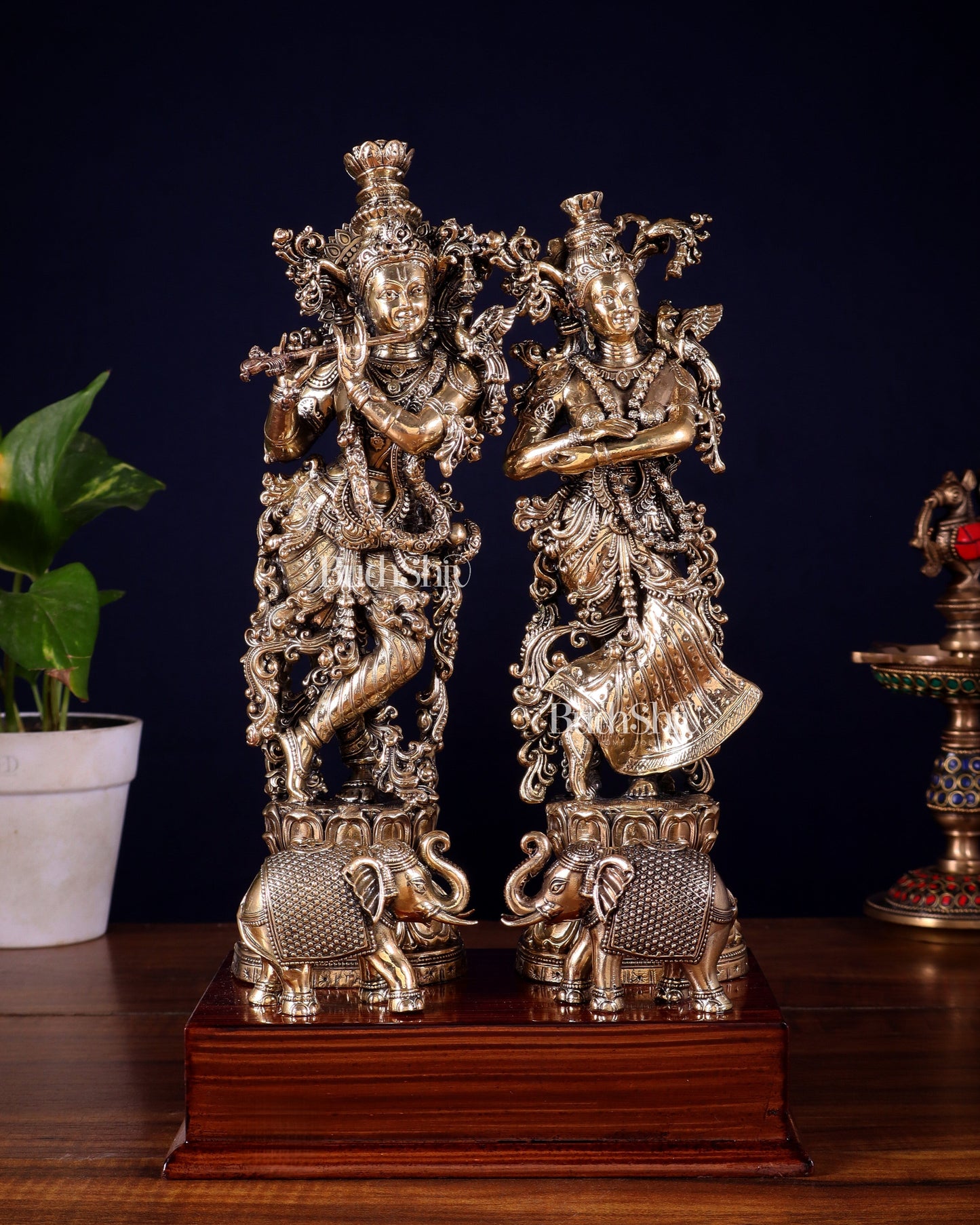 Brass Radha Krishna with Elephants on Wooden Base – Superfine Finish 11.5 inch | 100% Certified Copper & Brass - Sama Homes Idol - Brass Sculpture