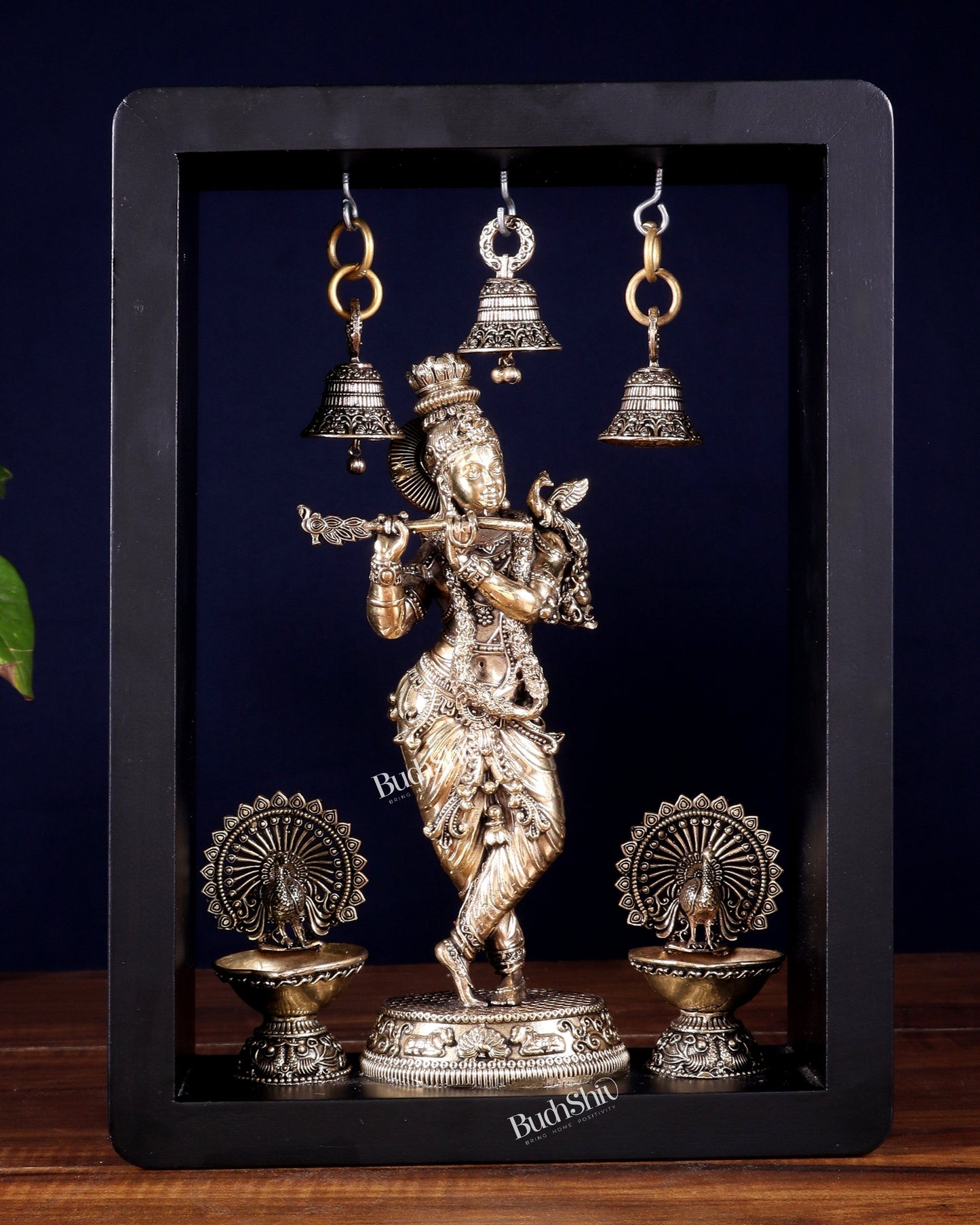 Brass Superfine Lord Krishna with Hanging Bells & Peacock Lamps on MDF Panel 11 inch - Sama Homes Idol - Brass Sculpture