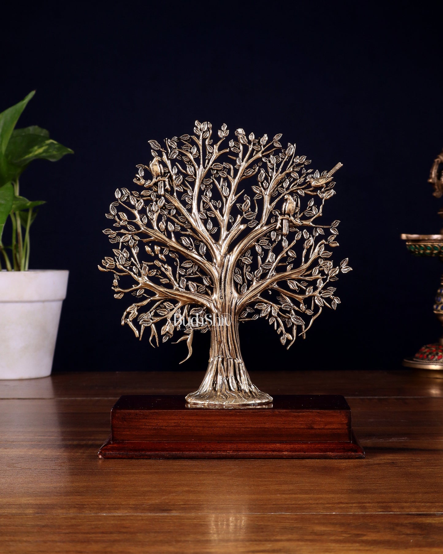 Brass Superfine Kalpavriksha Tree on Wooden Base – 7.5 Inch