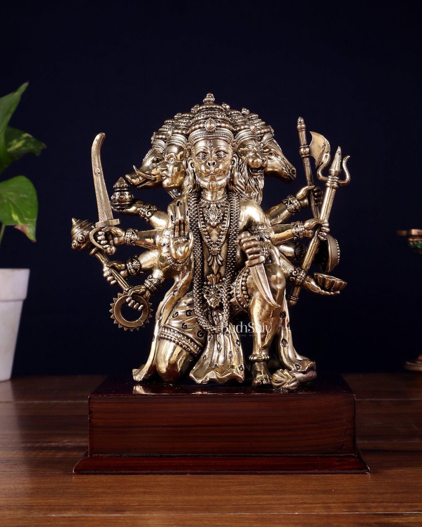 Brass Superfine Panchmukhi Hanuman Idol on Wooden Base – 8 Inch - Sama Homes Idol - Brass Sculpture