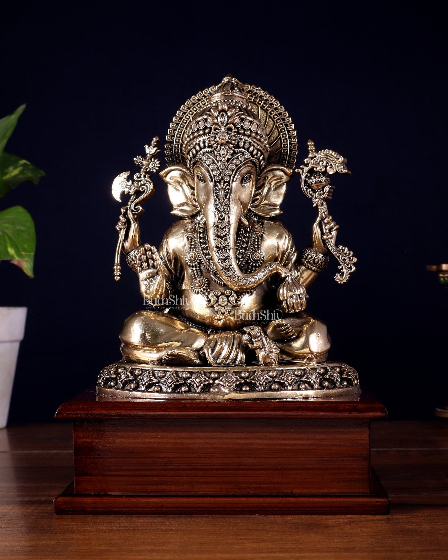 Brass Superfine Lord Ganesha Statue on Wooden Base – 8.5 Inch - Sama Homes Idol - Brass Sculpture
