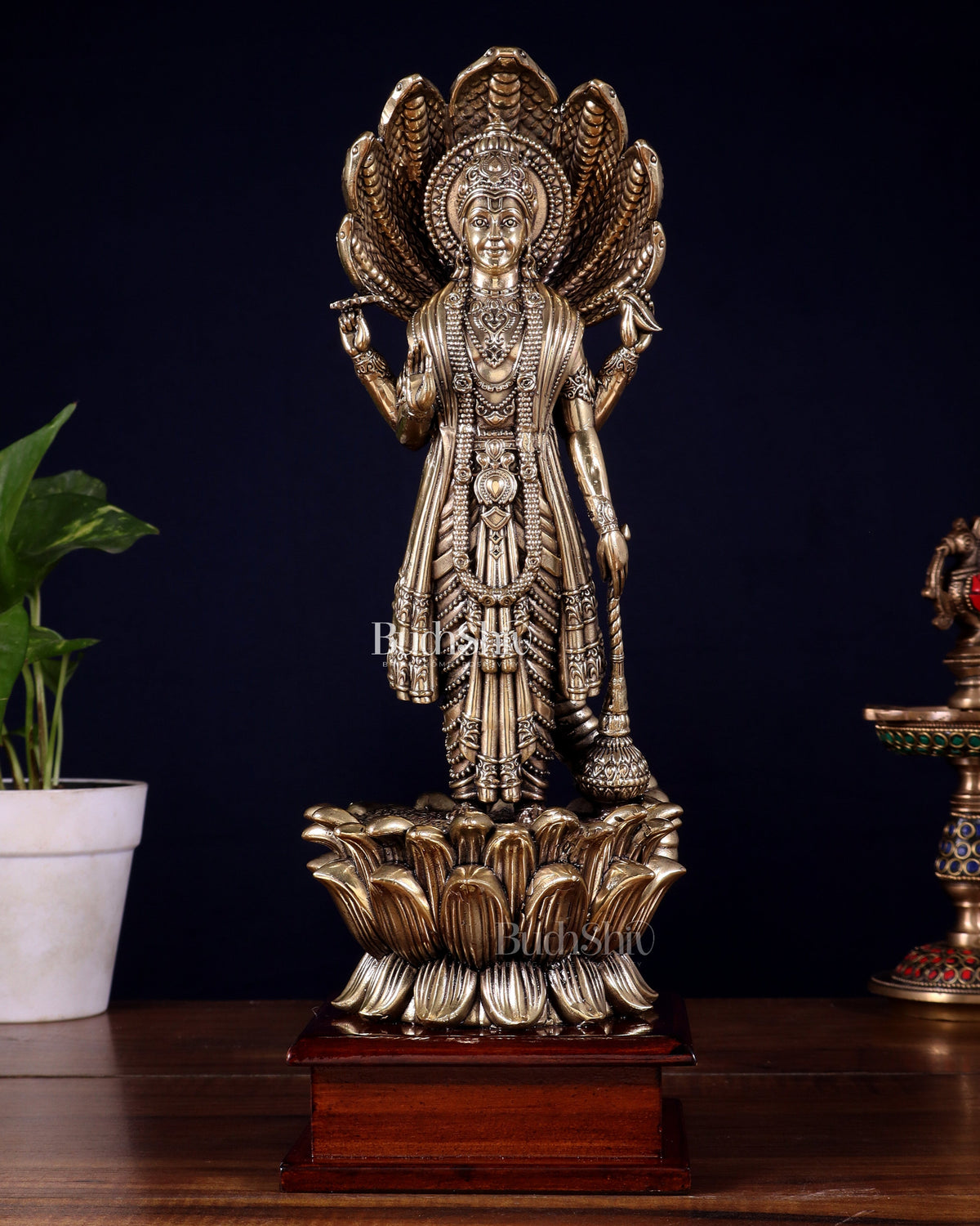 Brass Superfine Lord Vishnu with Sheshanaag on Wooden Base – 12.5 Inch - Sama Homes Idol - Brass Sculpture