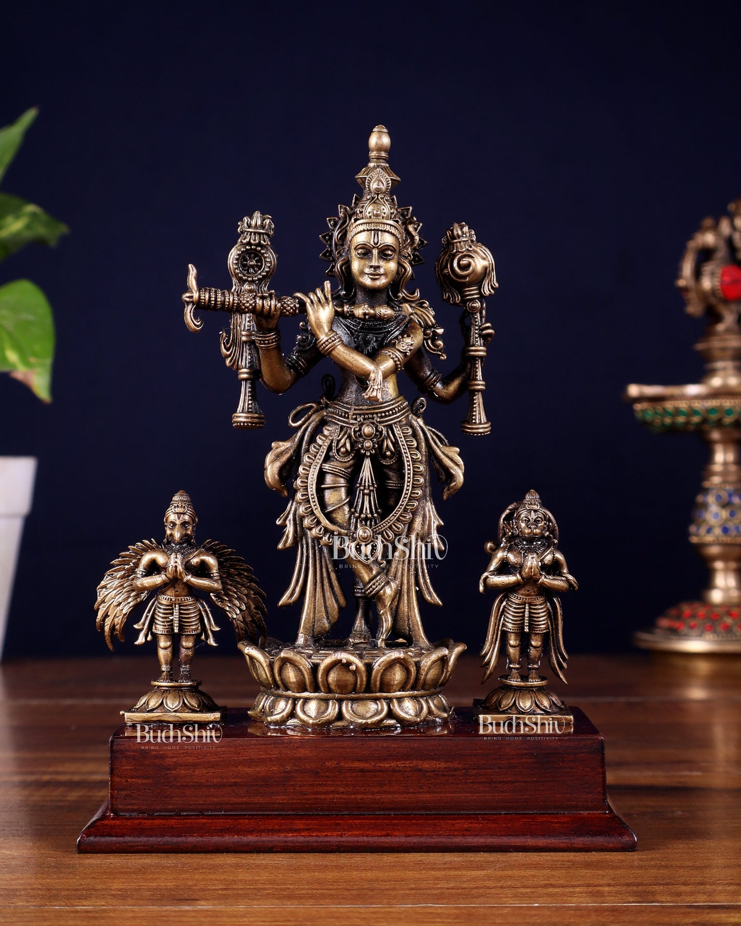 Antique Bronze Vishnu Roopam Krishna with Hanuman & Garuda – 7 Inch | 100% Certified Copper & Brass - Sama Homes Idol - Brass Sculpture