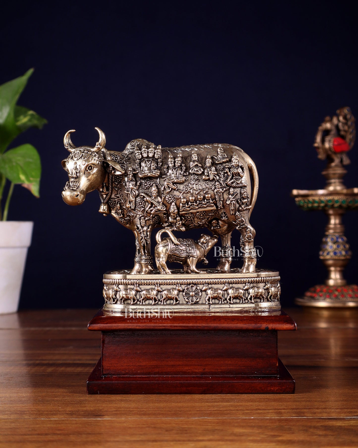 Brass Superfine Kamdhenu Cow with Calf – All Gods Engraved on Wooden Base (8.5 Inch)
