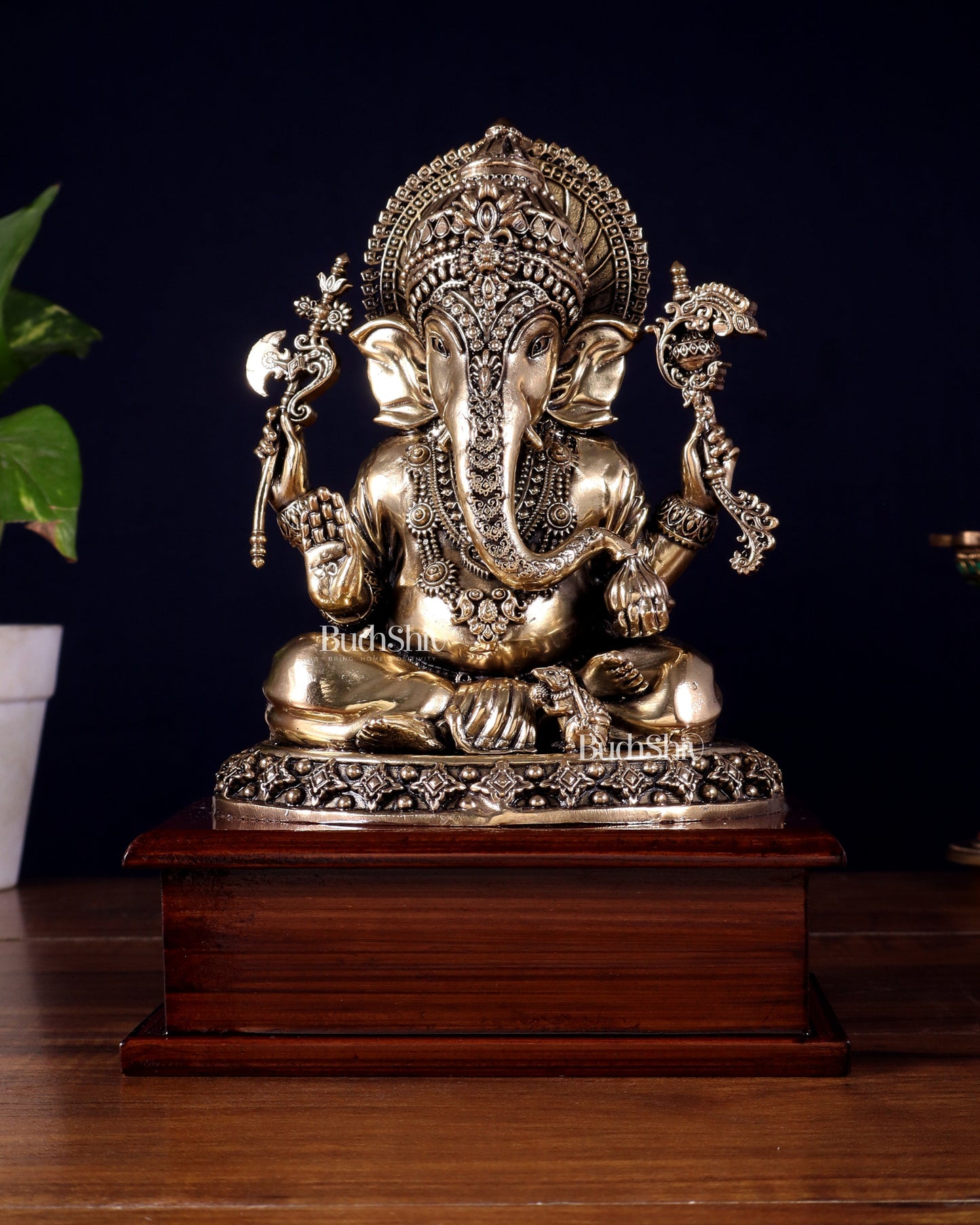 Brass Superfine Ganesha Idol – Intricate Design on Wooden Base (8.5 Inch) | 100% Certified Copper & Brass - Sama Homes Idol - Brass Sculpture