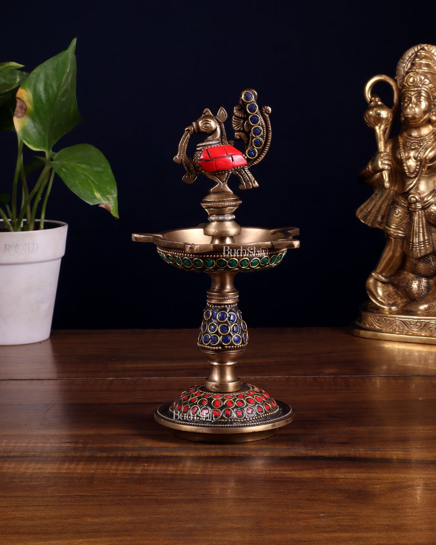 Pure Brass Handcrafted Superfine Peacock Samai Panchdeepam with Meenakari Stonework 8" – Sama Homes
