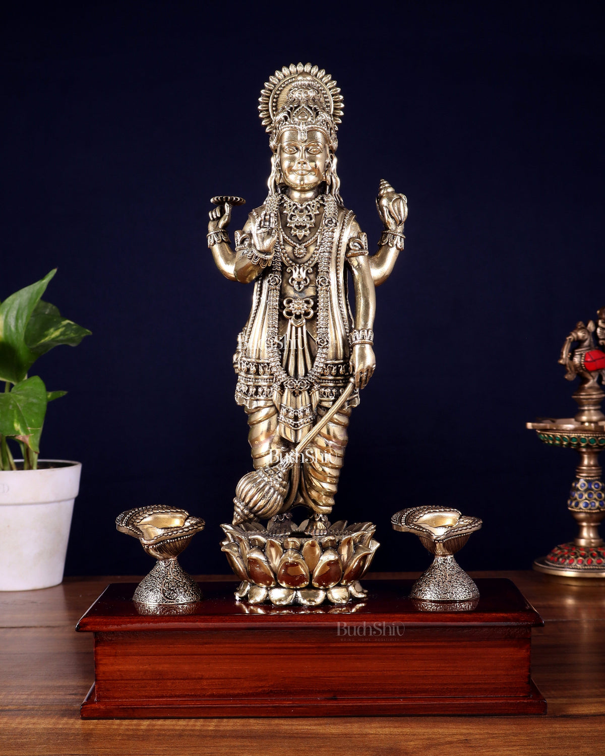 Brass Superfine Lord Vishnu Standing on Wooden Base with Diyas – 13 Inch - Sama Homes Idol - Brass Sculpture