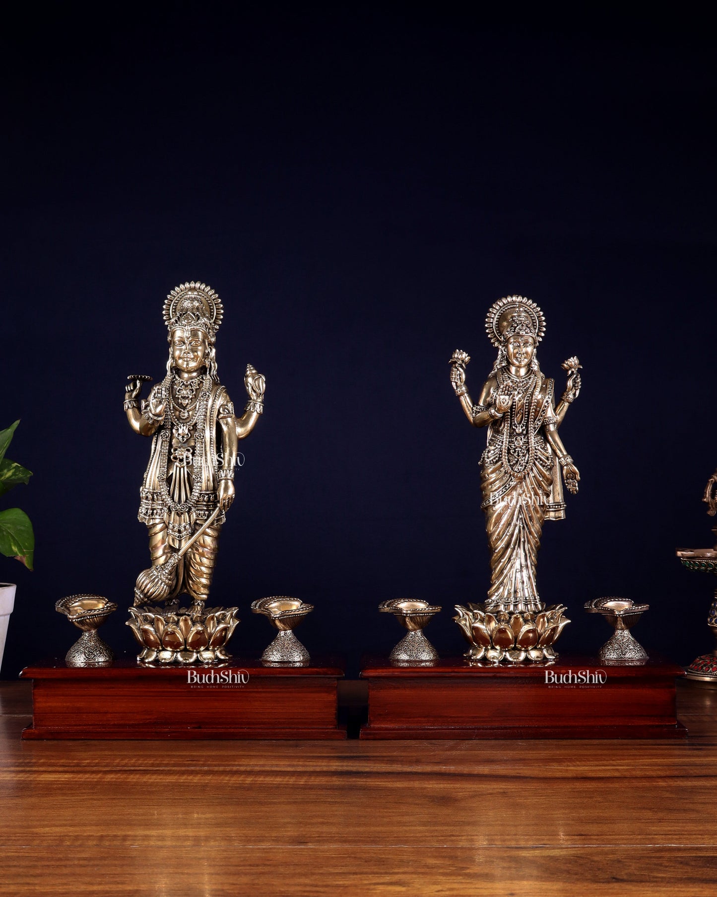 Brass Superfine Lakshmi Vishnu Pair with Diyas on Wooden Base 13 inch - Sama Homes Idol - Brass Sculpture