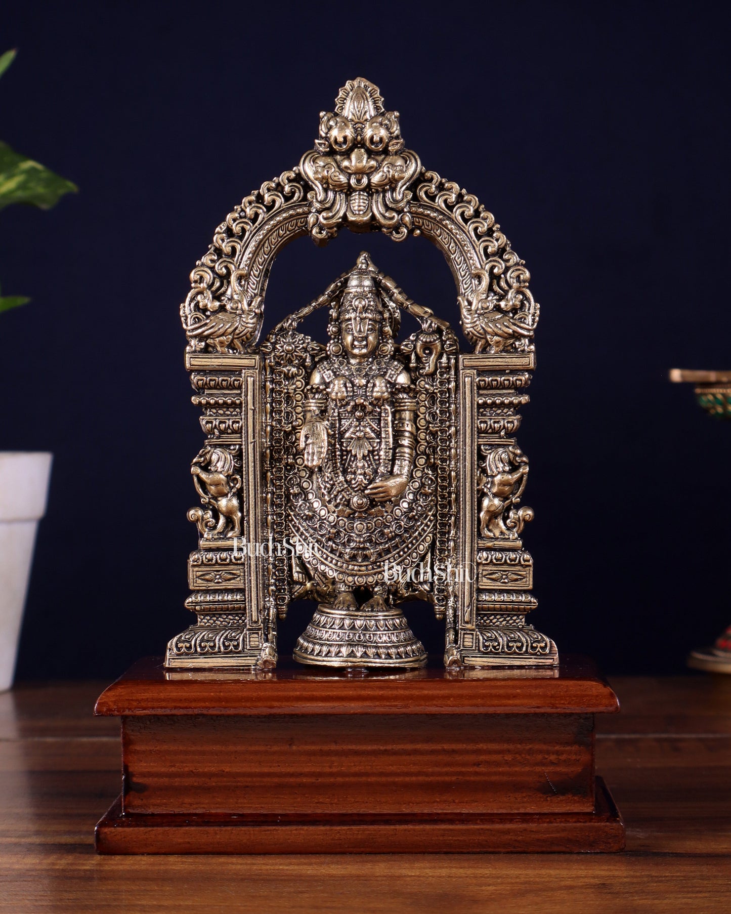Superfine Brass Tirupati Balaji Idol on Wooden Base – 7.5 Inch - Sama Homes Idol - Brass Sculpture