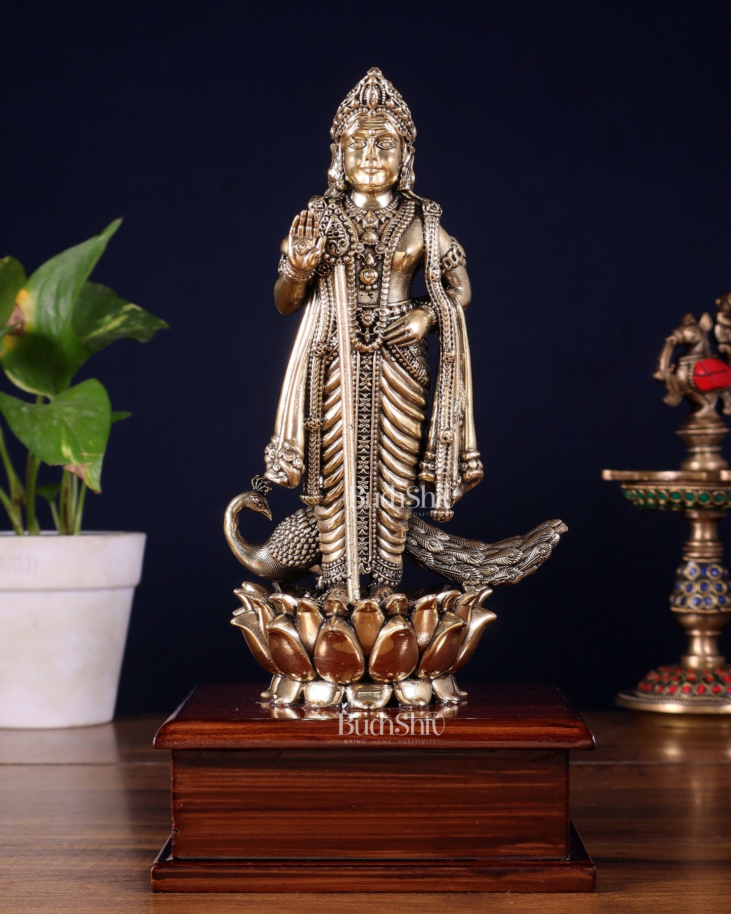 Brass Superfine Lord Murugan Idol on Wooden Base – 10 Inch - Sama Homes Idol - Brass Sculpture