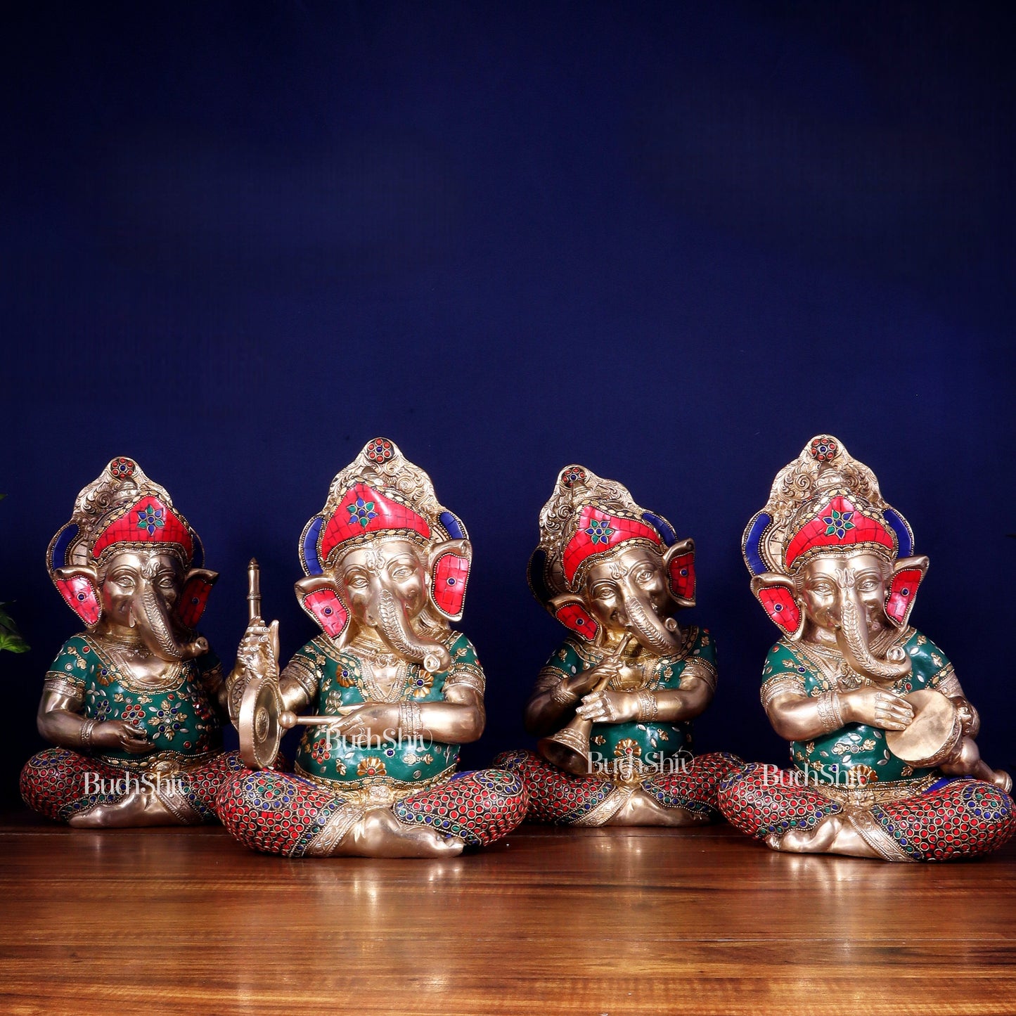 Pure Brass Ganesha Musical Set of Four 12.5 inch - Sama Homes Idol - Brass Sculpture