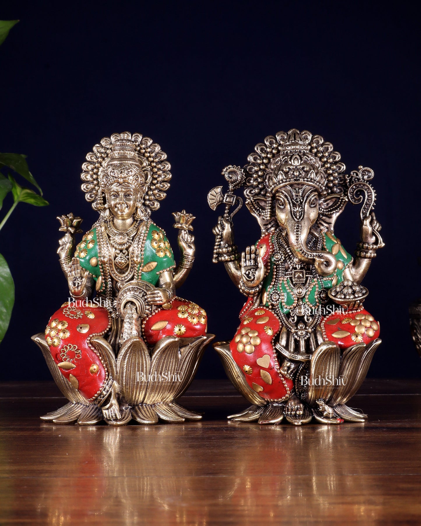 Brass Superfine Lord Ganesha & Goddess Lakshmi Pair – meenakari 6" - Sama Homes Idol - Brass Sculpture