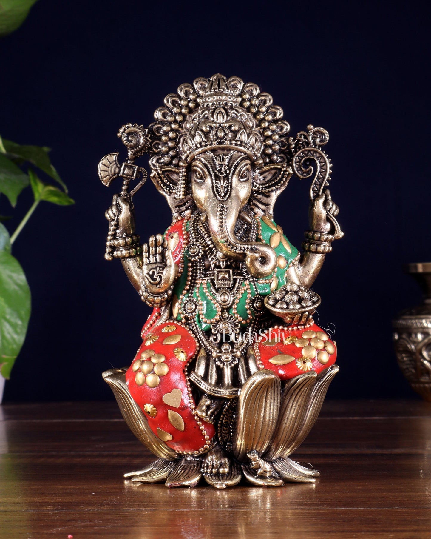 Pure Brass Superfine Lord Ganesha Idol | 6 inch with meenakari - Sama Homes Idol - Brass Sculpture