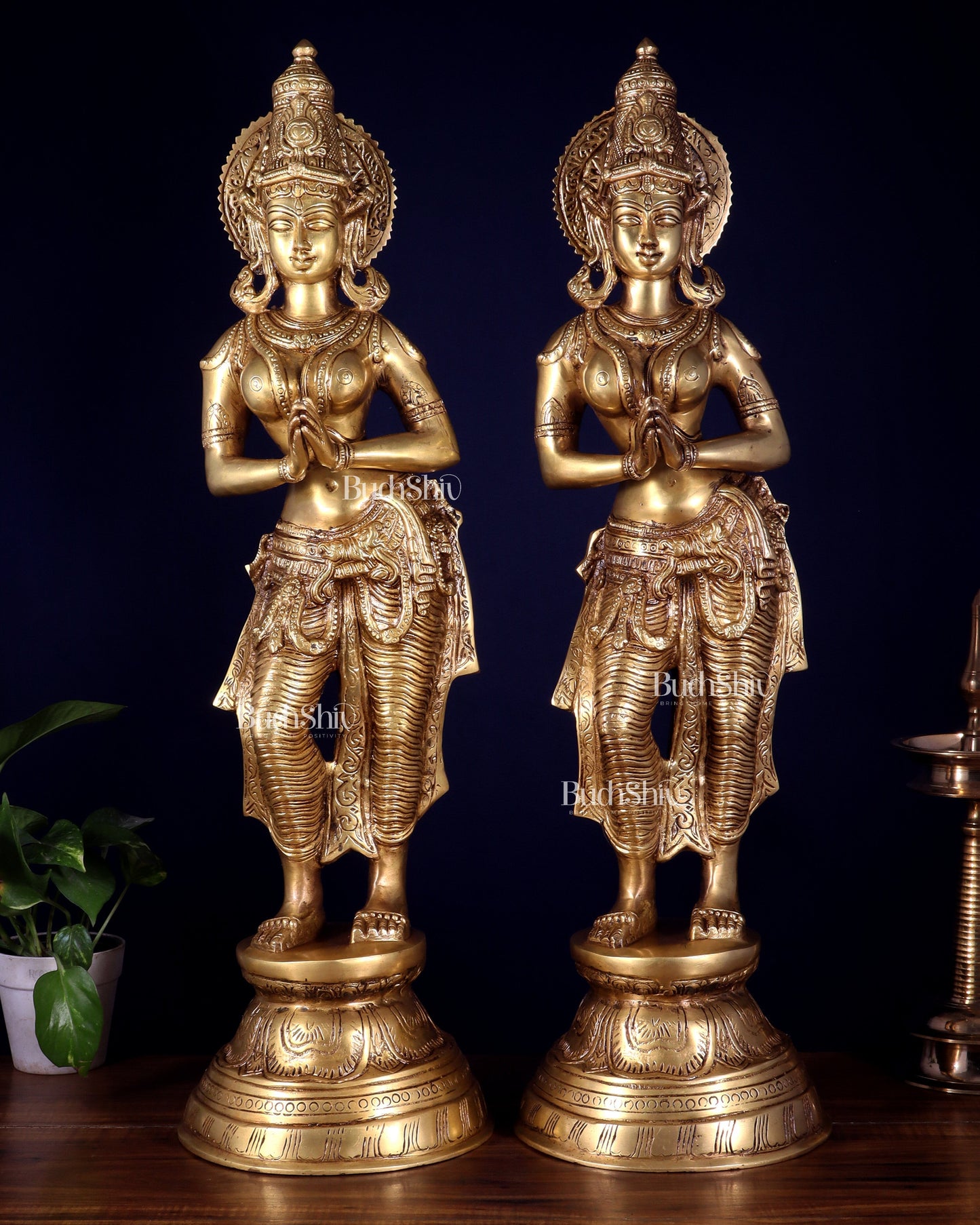 Brass Pair of Namaste Lady – Traditional Welcome Statues 28.5 inch | 100% Certified Copper & Brass - Sama Homes Idol - Brass Sculpture