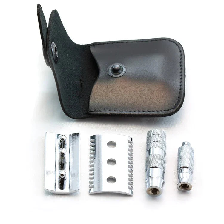 Merkur 3-Piece Travel DE Safety Razor, Open Comb, Chrome, Travel Size with Leather Case