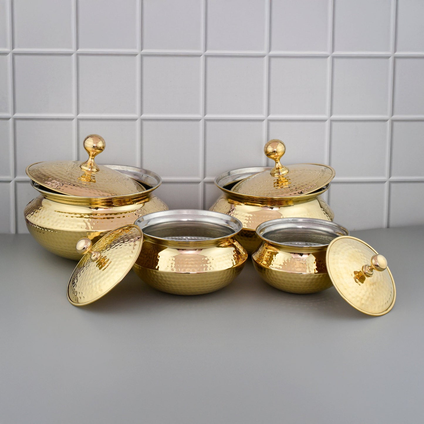 4-Piece Pure Brass Handi Set with Lids – Tin-Coated Traditional Cookware for Cooking & Serving (1.3L to 4.7L) – Image 2