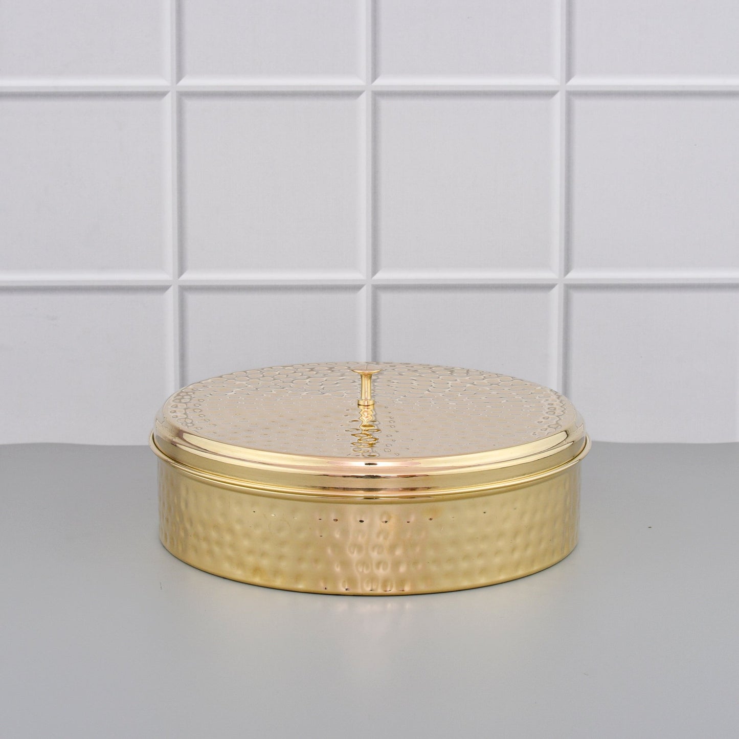 9" Brass Masala Box / Spice Organizer Box with Spoon - Shiny Hammered – Image 2