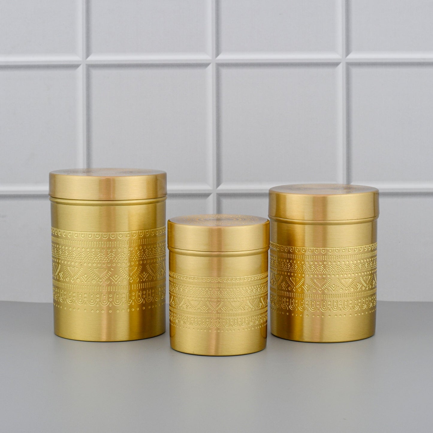 3-Piece Brass Tea, Coffee & Sugar Canister Set – Hand-Etched Storage Jars | Matte Finish | 350ML–750ML – Image 2