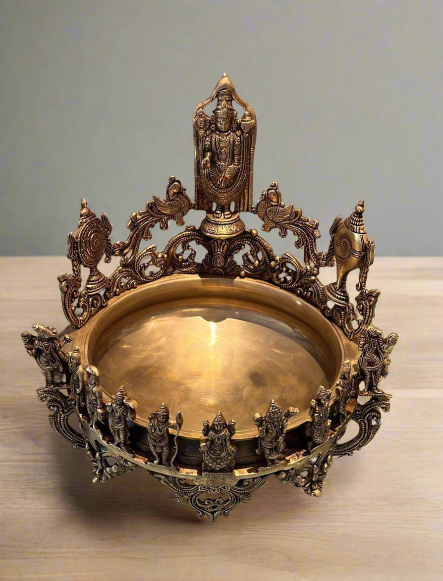 Large Pure Brass Dashavatar Urli with 10 Avatars of Vishnu