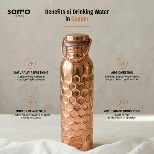 Handcrafted Ayurvedic Pure Copper Honeycomb Water Bottle with Loop Cap - 950ml