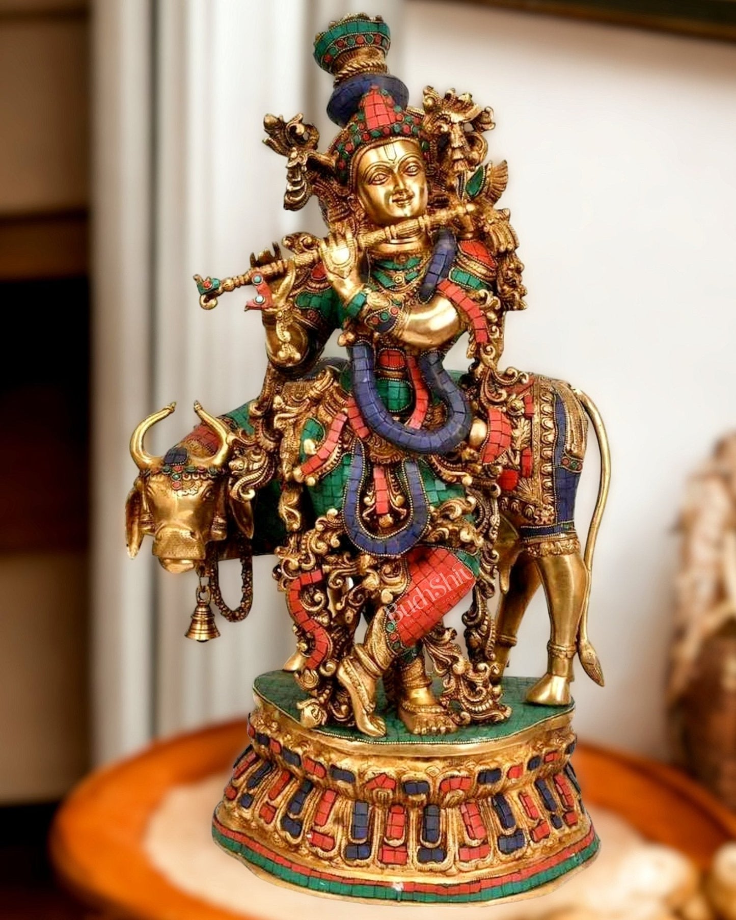 Adorable Lord Krishna With Cow Statue - Brass Sculpture 28" | 100% Certified Copper & Brass - Sama Homes Idol - Brass Sculpture