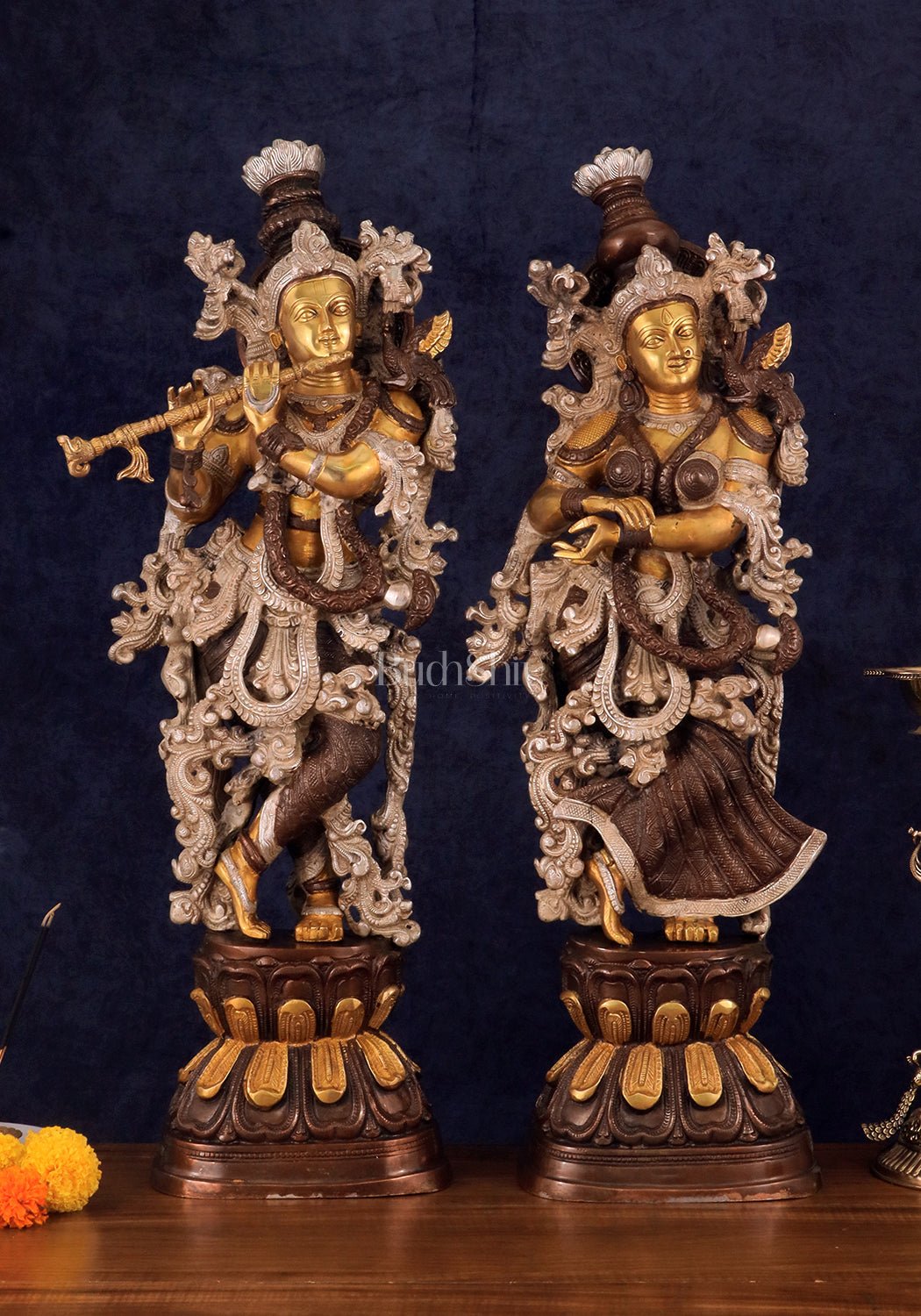 Antique Brass Handcrafted Radha Krishna Statue - 30 Inch | 100% Certified Copper & Brass - Sama Homes Idol - Brass Sculpture