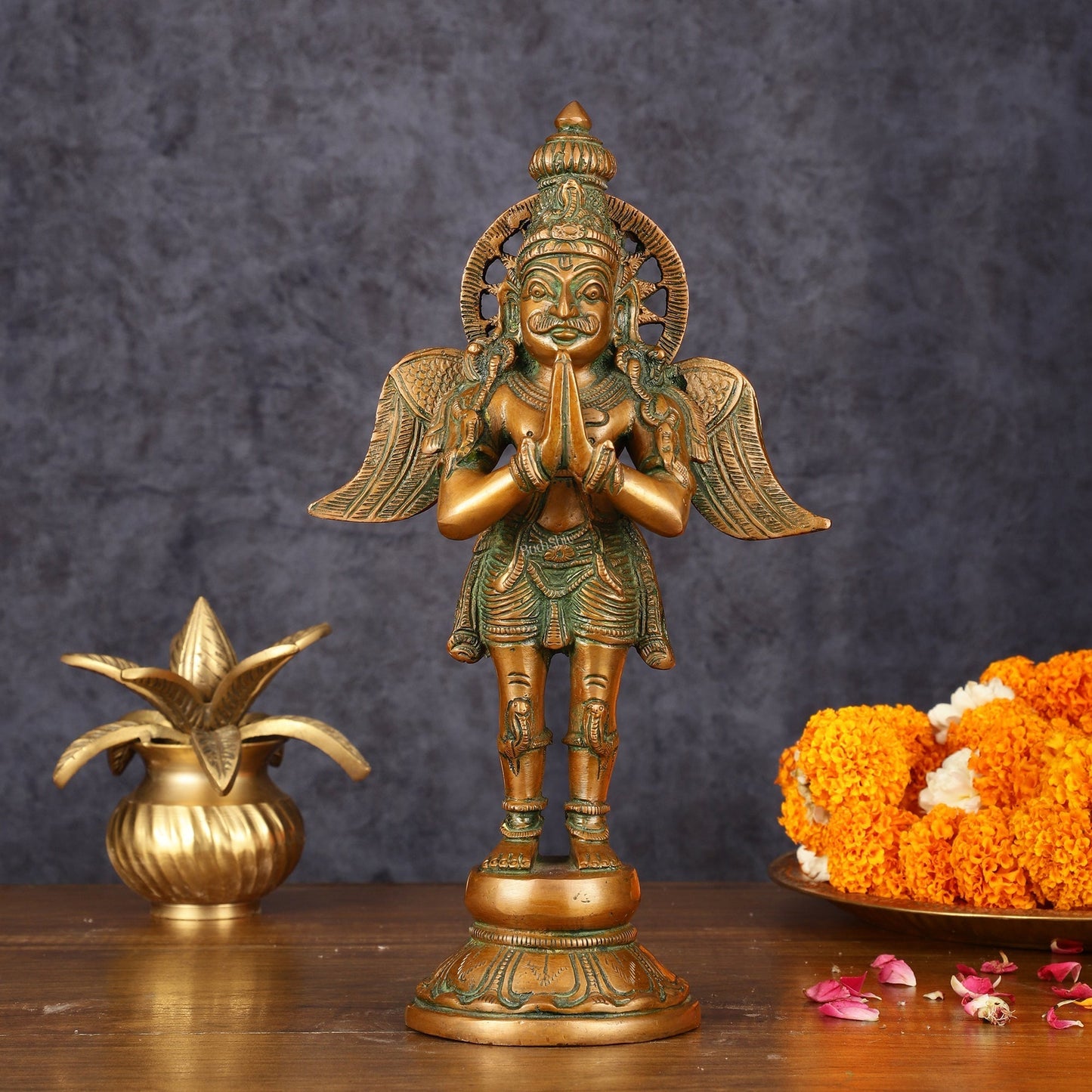 Antique Brass Standing Garuda Idol - 12" Divine Sculpture | 100% Certified Copper & Brass - Sama Homes Idol - Brass Sculpture