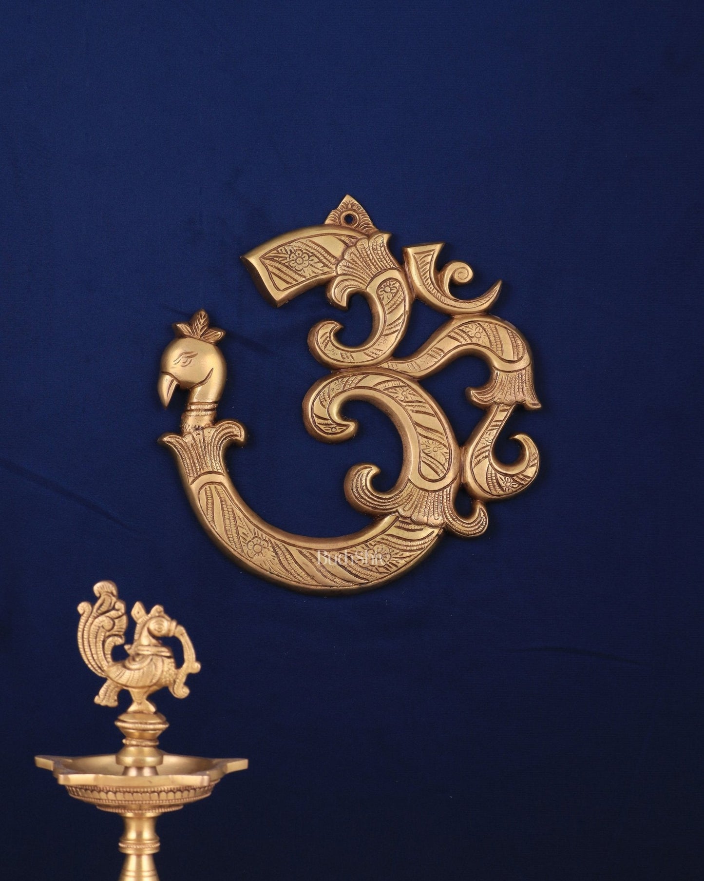 Auspicious brass Om Wall Hanging with Peacock Design - 12 Inches | 100% Certified Copper & Brass - Sama Homes Idol - Brass Sculpture