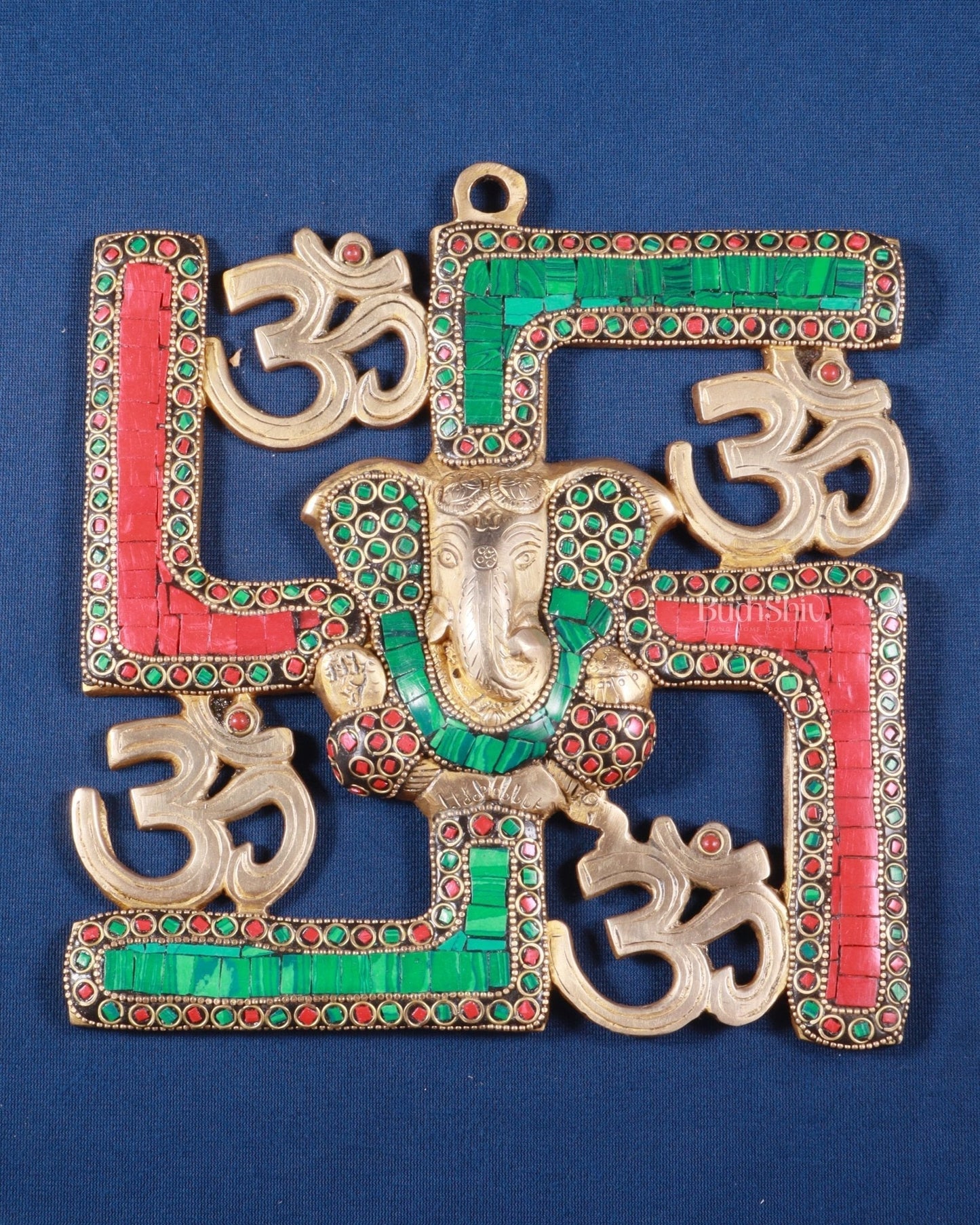 Auspicious Brass Swastik Wall Hanging with Lord Ganesha 8" | 100% Certified Copper & Brass - Sama Homes Idol - Brass Sculpture